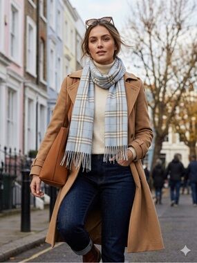 100% Cashmere Plaid Scarf - Light tones of Blue Gray & Cream